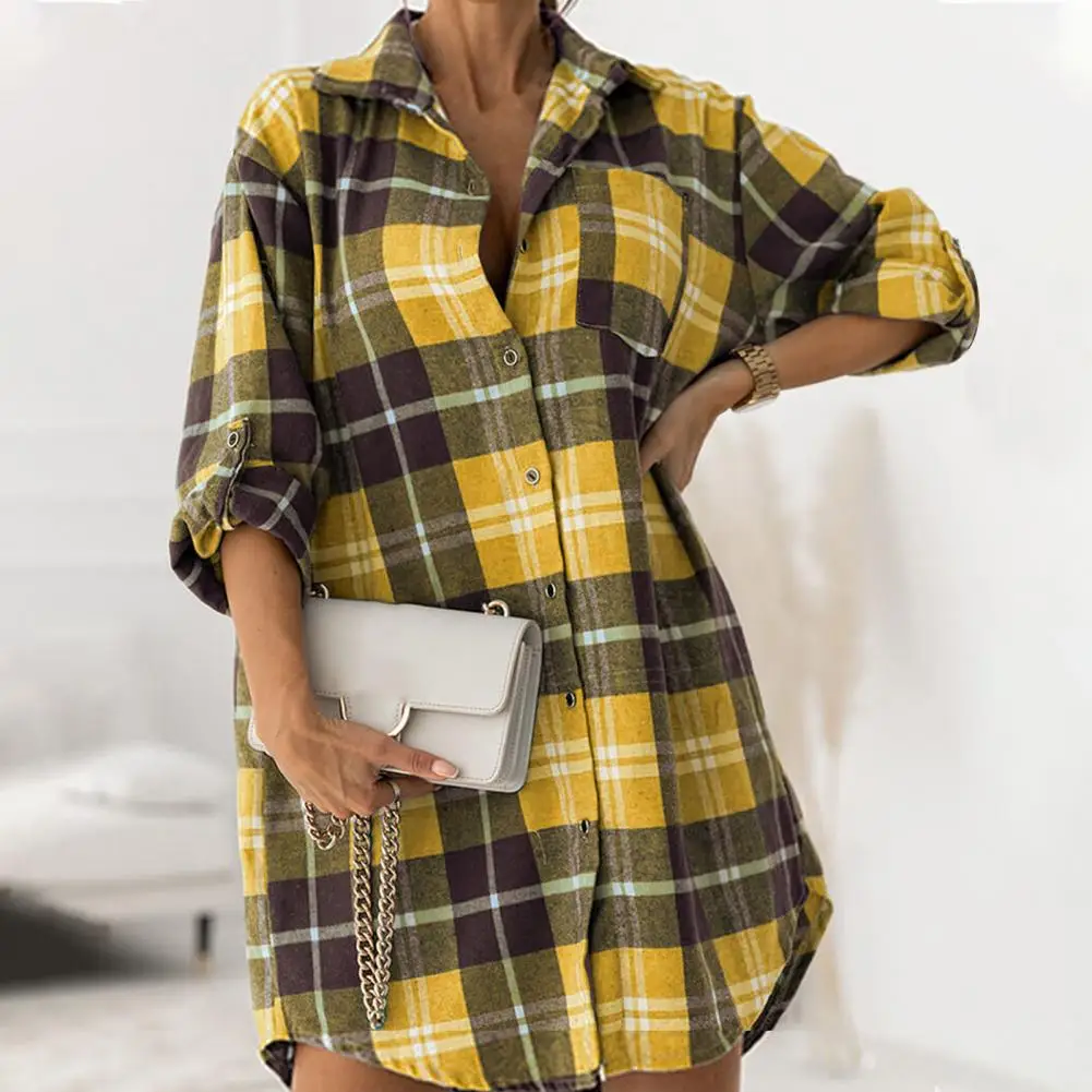 

Versatile Shrink Resistant Elegant Office Ladies Plaid Shirt Blouse Streetwear