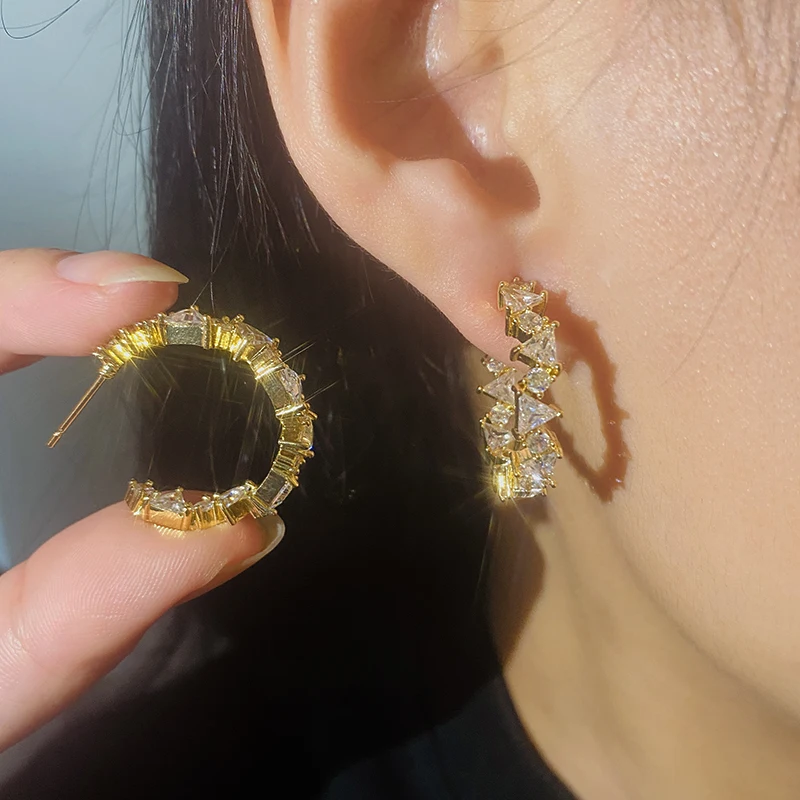 

Exquisite Geometric Shaped Cubic Zirconia Hoop Earrings Silver Color Earring For Women Party Birthday Jewelry