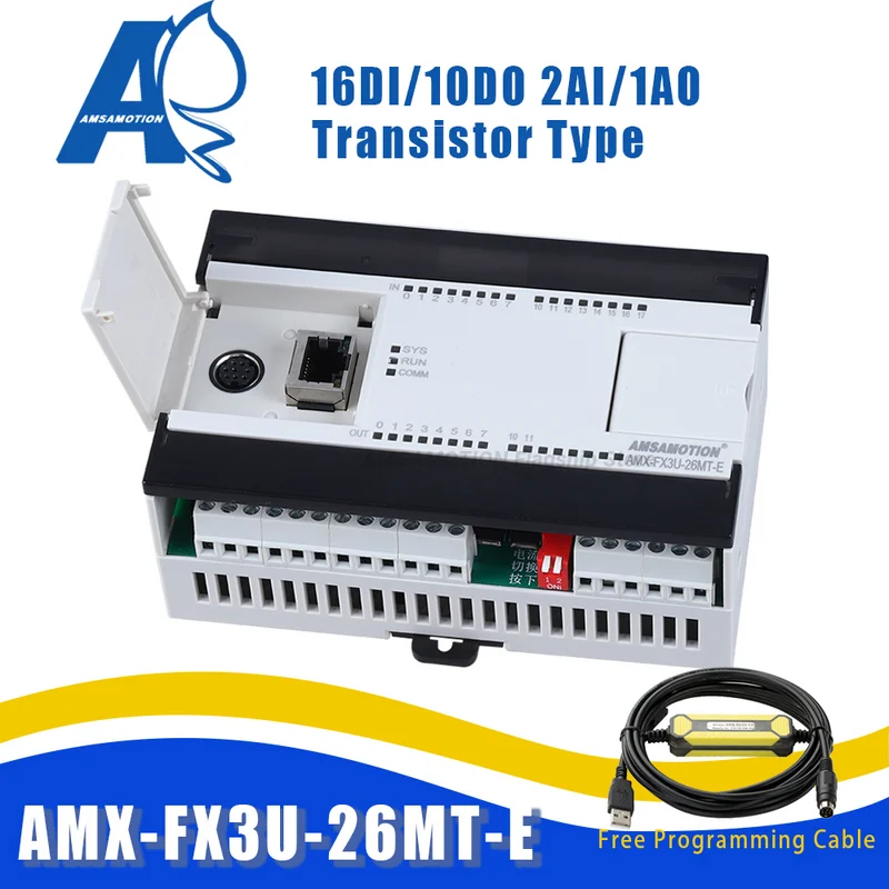 AMX-FX3U-26MT-E совместим с Mitsubishi MELSEC Series транзисторный выход ПЛК 2AI/1AO 16DI/10DO Ethernet MODBUS контроллер + кабель