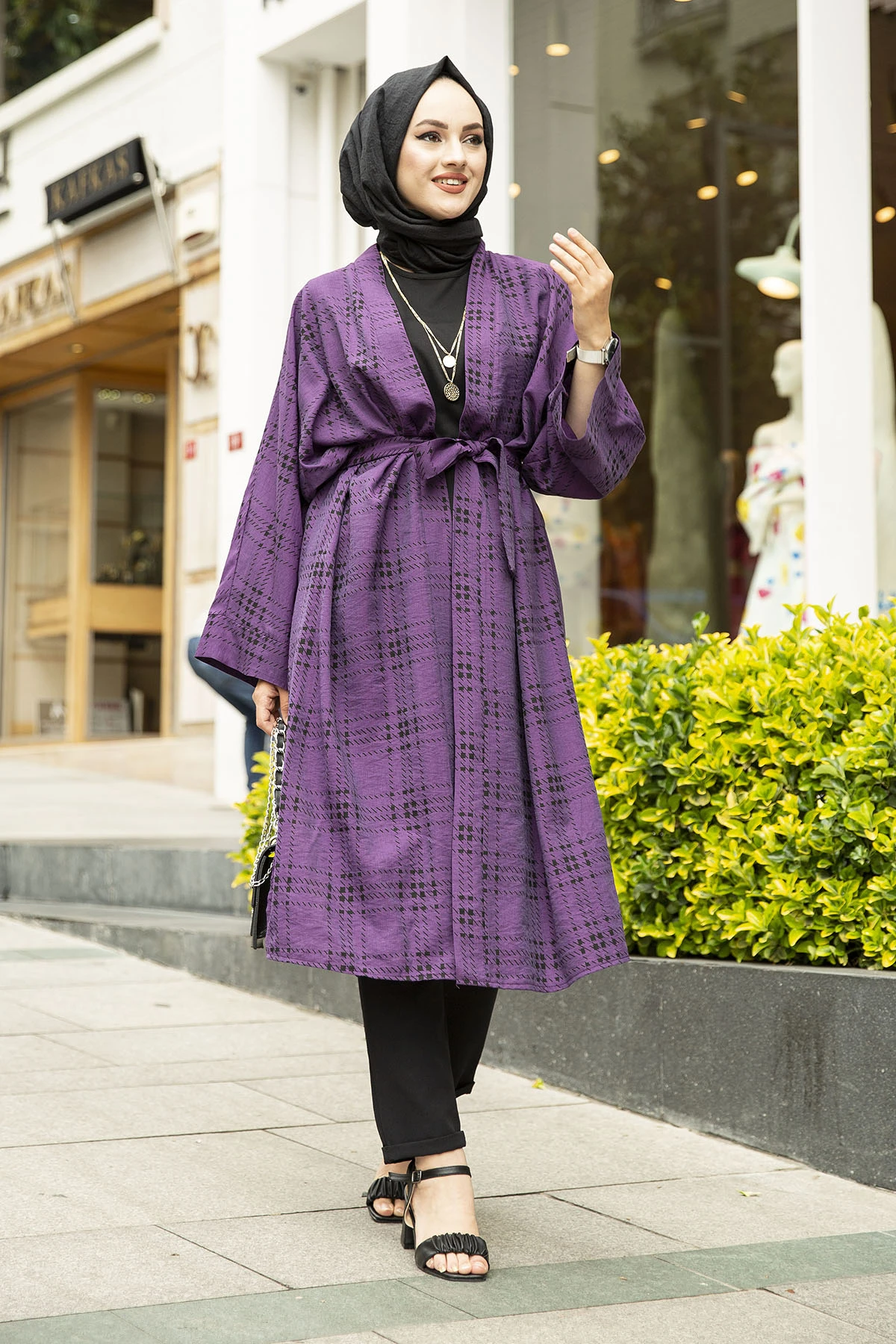 Square Pattern Kimono MD-Purple Winter Autumn 2021 Muslim Women Hijab headscarf islamic Turkey