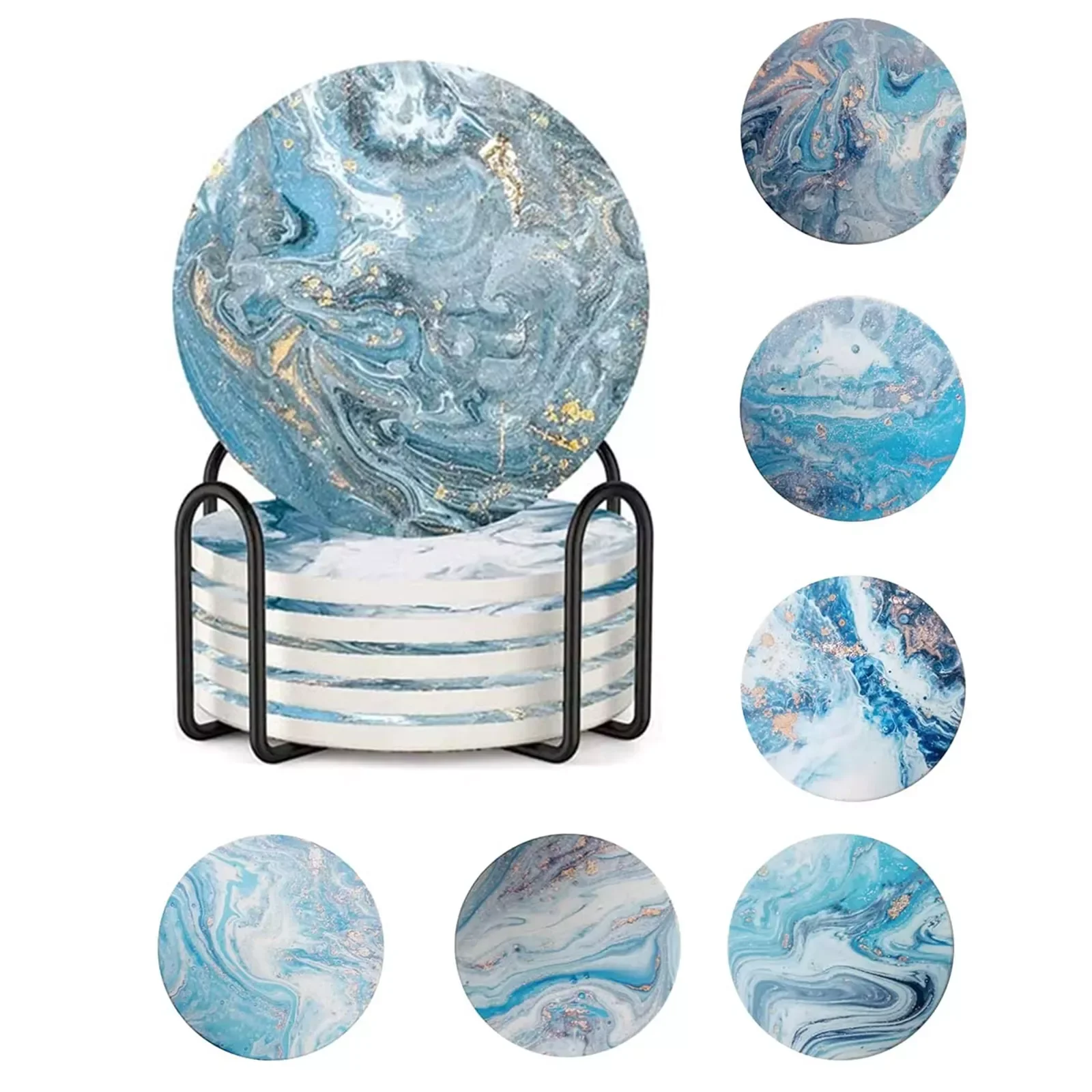 

Absorbent Coaster With Stand Round Ceramic Coasters Set Of 6 Marble Style Coasters With Cork Base Home/Bar/Living Room Decor