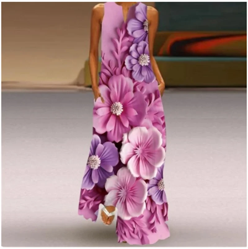 Женский ретро - принт Sundress Летняя мода V воротник длинные юбки без рукавов