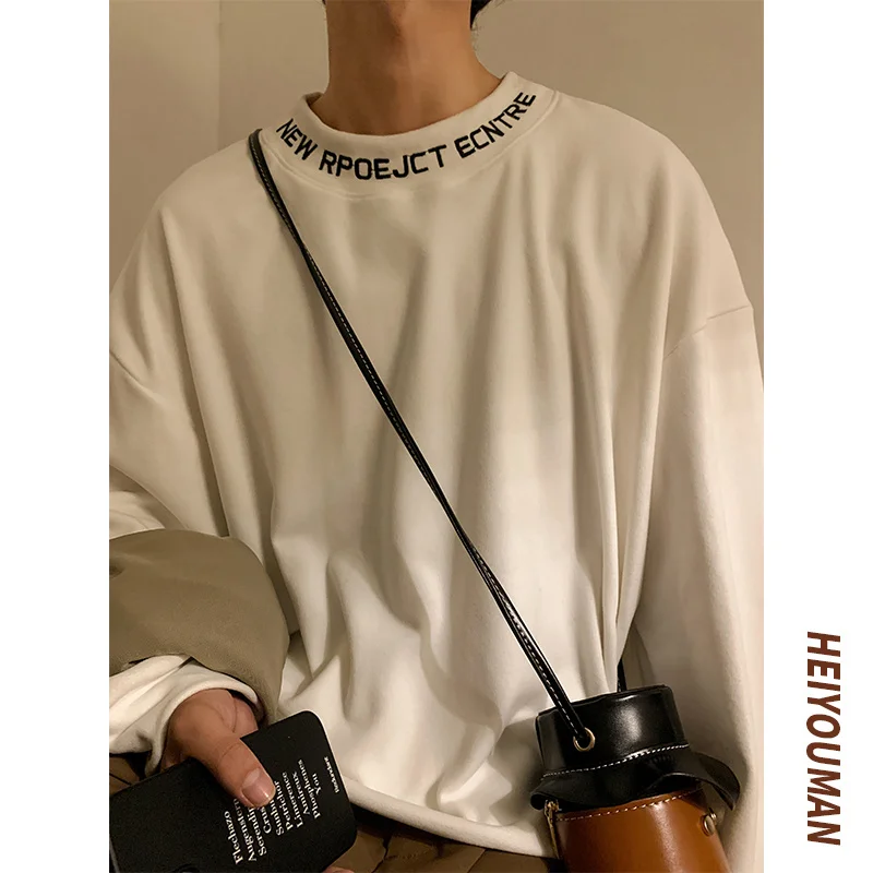

Privathinker Warm Mock Collar Men's T-shirts Long Sleeve Letter Embroidered Winter Male Tops Fashion Casual Loose Unisex Tees