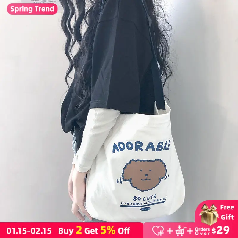 

Lovely Dog Canvas Student Girls Crossbody Bags Cartoon Printing Women Shoulder Shopping Bag Large Capacity Female Casual Tote