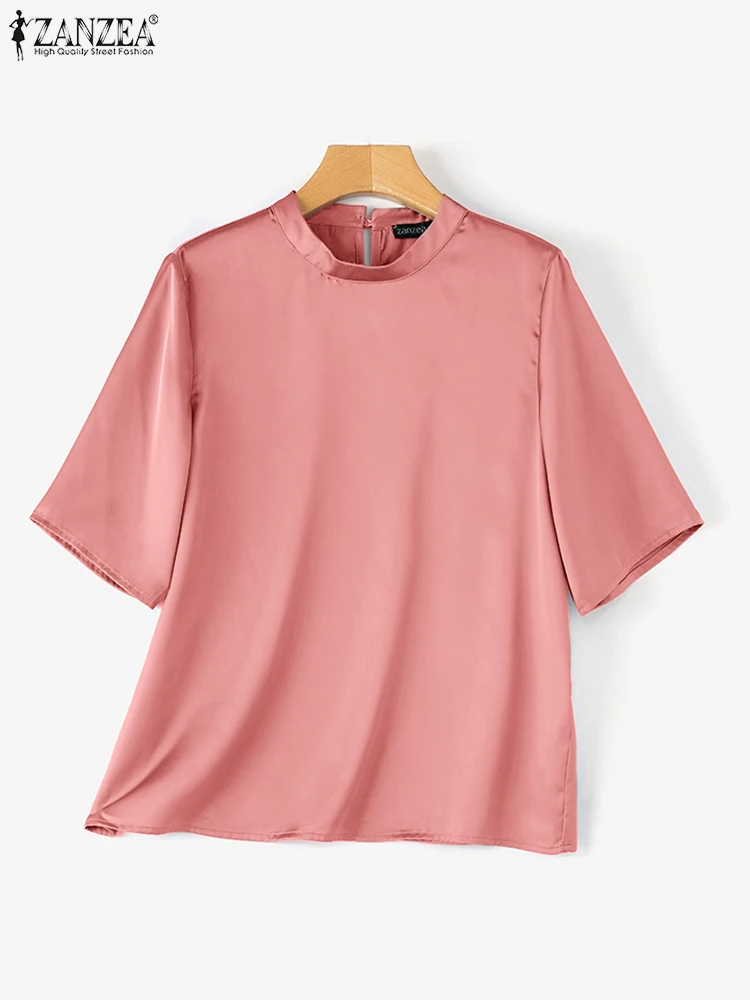 Женская атласная шелковая блузка модные туники ZANZEA с воротником-стойкой лето 2024