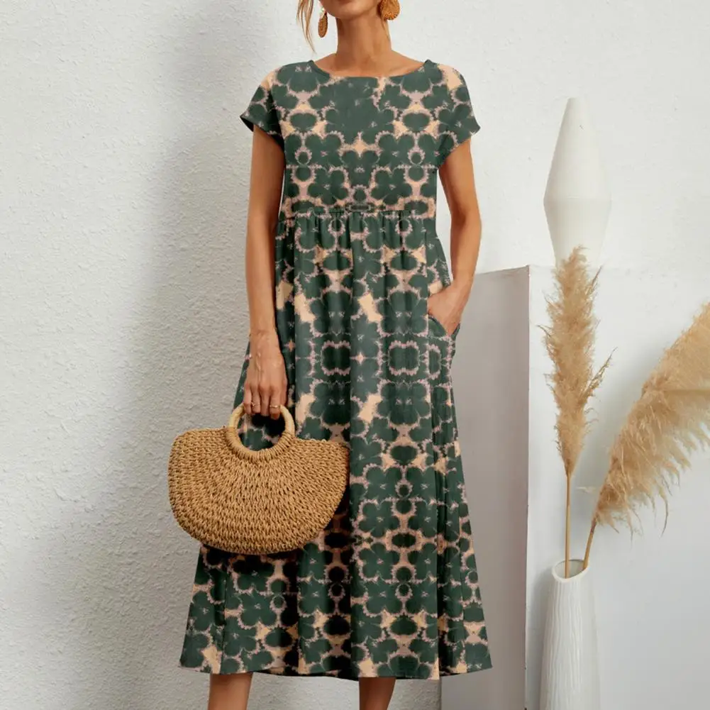 

Women Midi Dress Loose Hem Dress Floral Print Casual Dress O-neck Short Sleeve High Waist Loose Hem Pockets Women's for Summer