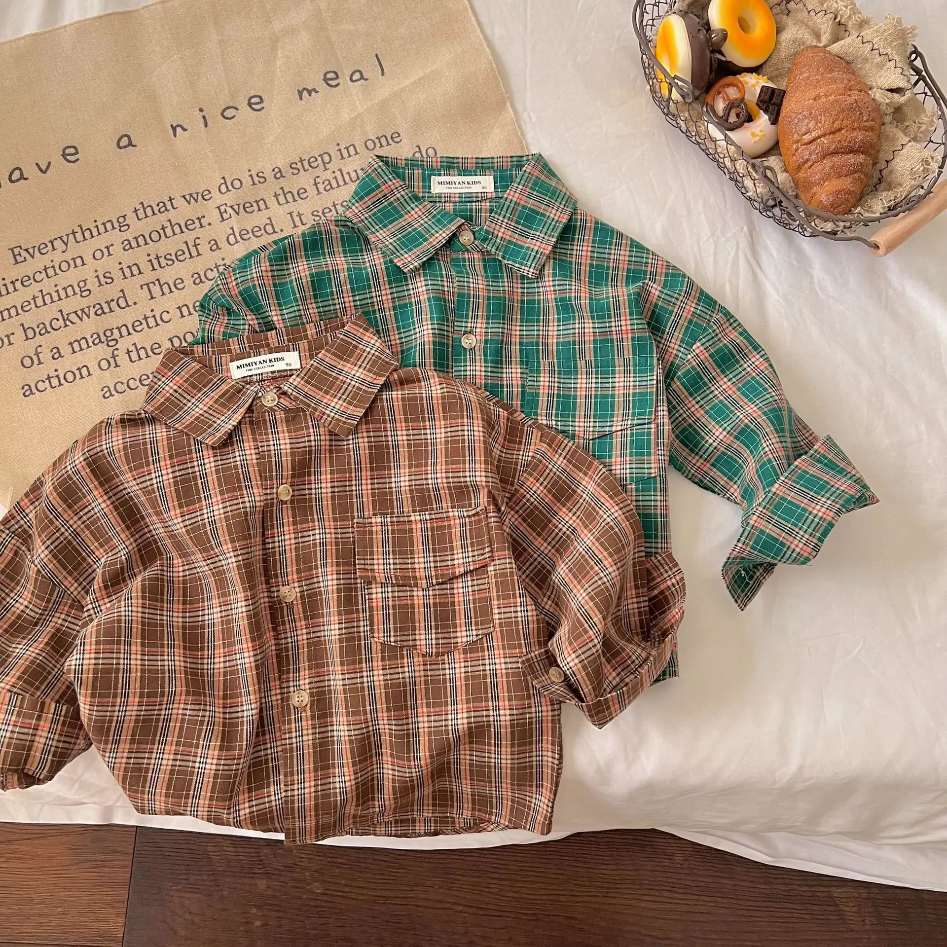 

Autumn Toddler Boys Blouse American Retro Plaid Baby T-shirt Long Sleeves All-match Children Coat Cotton Turn-Down Kids Shirt