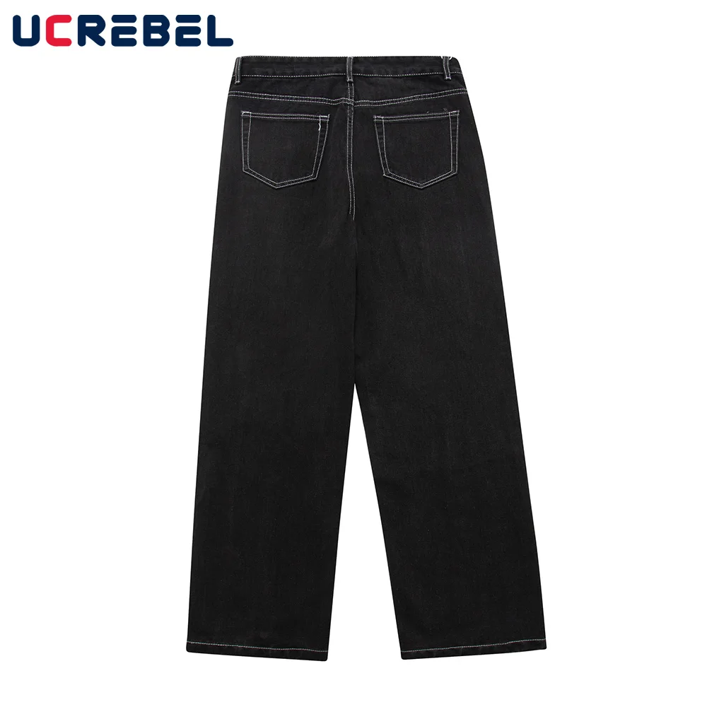 Джинсовые брюки мужские однотонные мешковатые с прострочкой прямые штаны