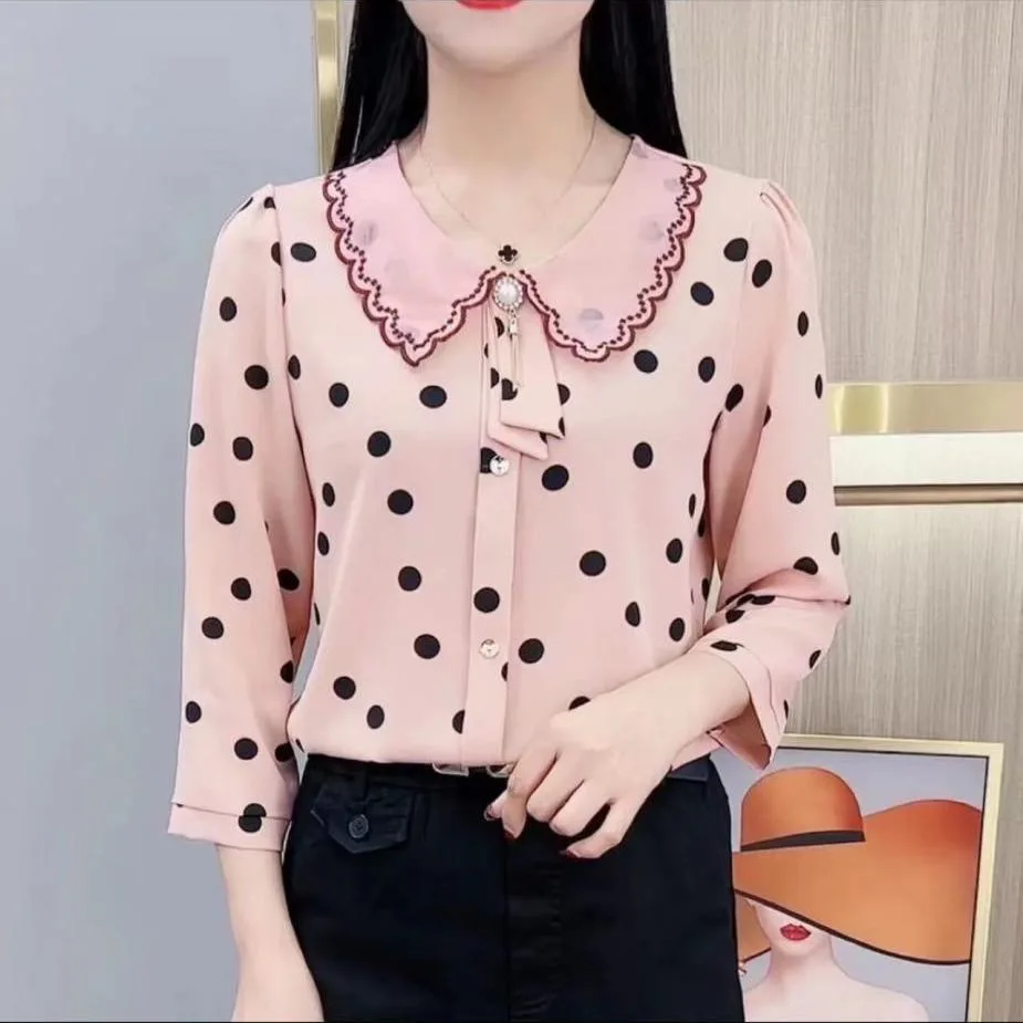

Fashion sweet Women Spring Summer Style Chiffon Blouses Women Casual Long Sleeve Loose Printed Polka Dot Shirt Women's Tops