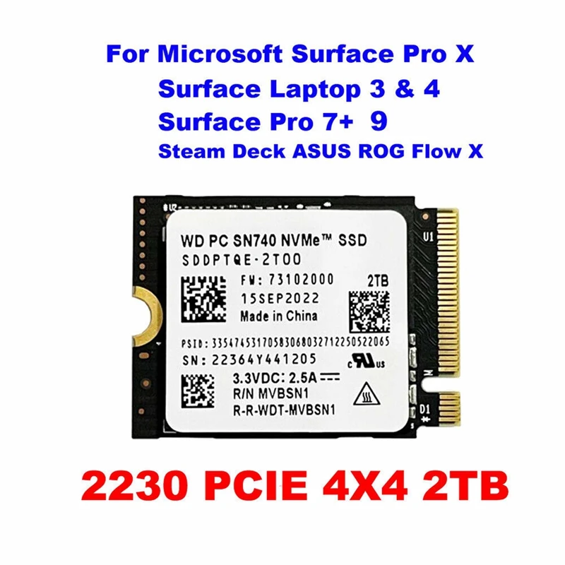

NEW WD 2TB M.2 2230 SSD NVMe PCIe4x4 PC SN740 For Microsoft Surface Pro X 7+ 9 PCIE4.0 Solid State M.2 Hard Drive