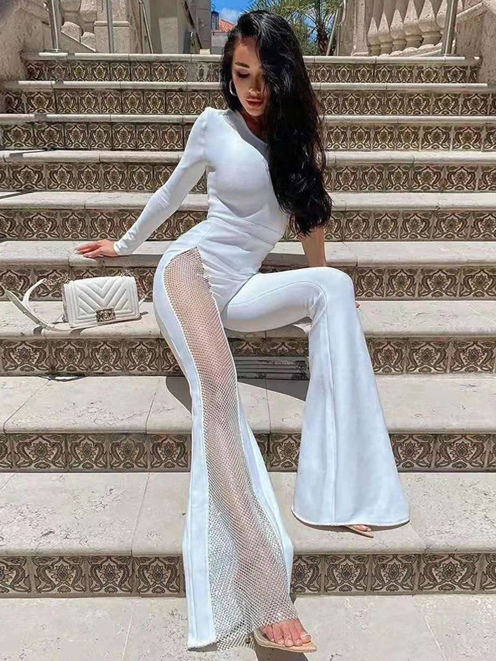 Fashion Sexy New Mesh Diamond Bandage Jumpsuits Woman 2023 One Pieces Combinaison Femme Night Club Outfit Bodysuit Bodys Mujer