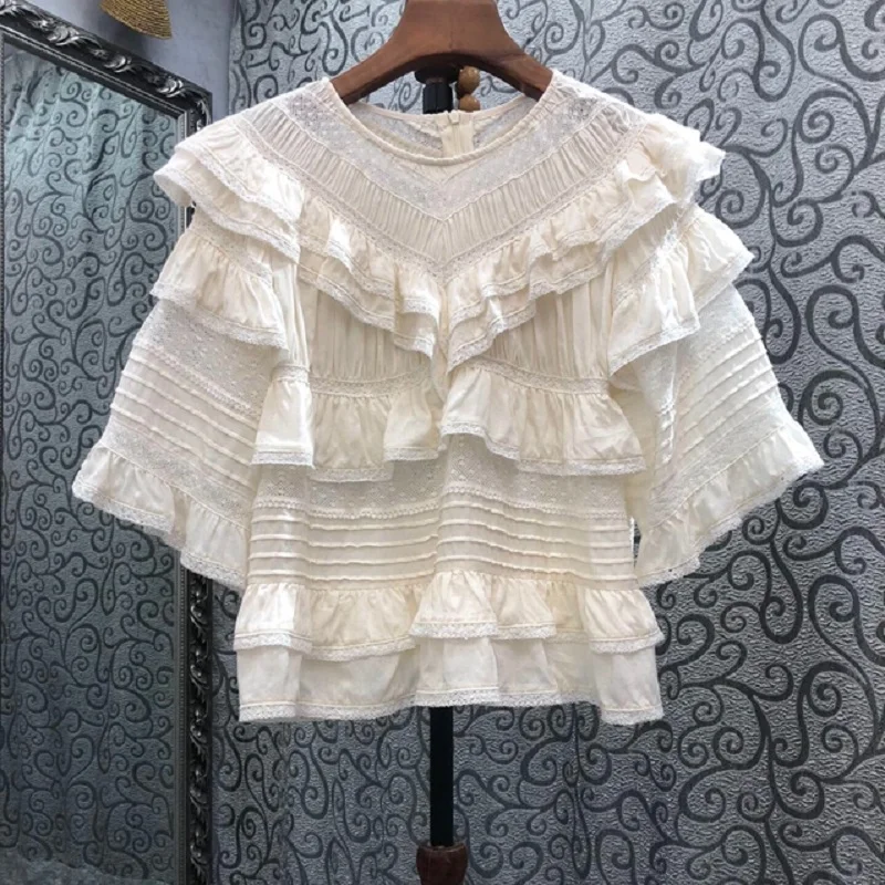 

Blusas Feminino 2023 Spring Summer Blouses High Quality Cotton Women Cascading Ruffle Lace Short Sleeve Beige Black Tops Female