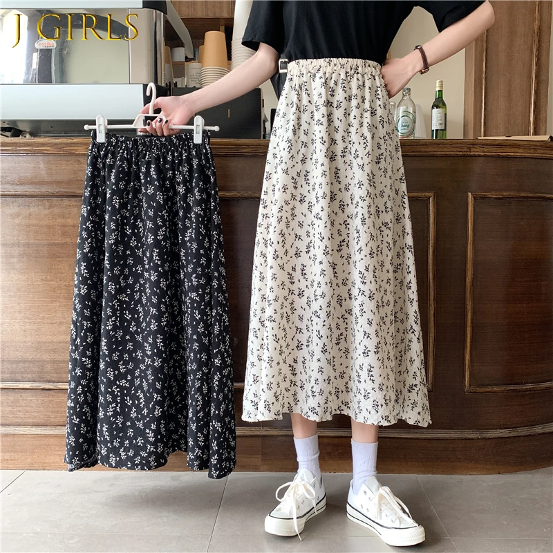 

J GIRLS Skirts Women Korean Autumn Floral Hot Sale Mid Calf Elastic Waist Ins Chiffon All-match Stylish College Streetwear