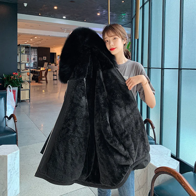 2022 Winter New Women Hooded Parka Down Jacket Design Sense Large Pocket Plus Velvet Warm Large Fur Collar Solid Color Coats