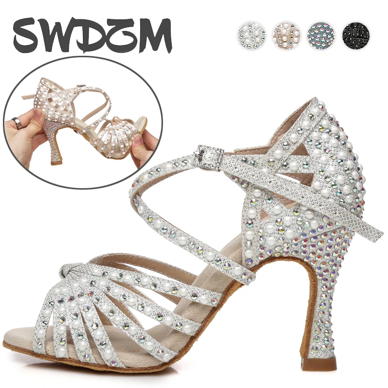 

SWDZM Rhinestone Dance Shoes Women Tango Salsa Latin Dance Shoes Ballroom Dance Heels Soft Sole Girls Ladies Pearl Dance Shoes