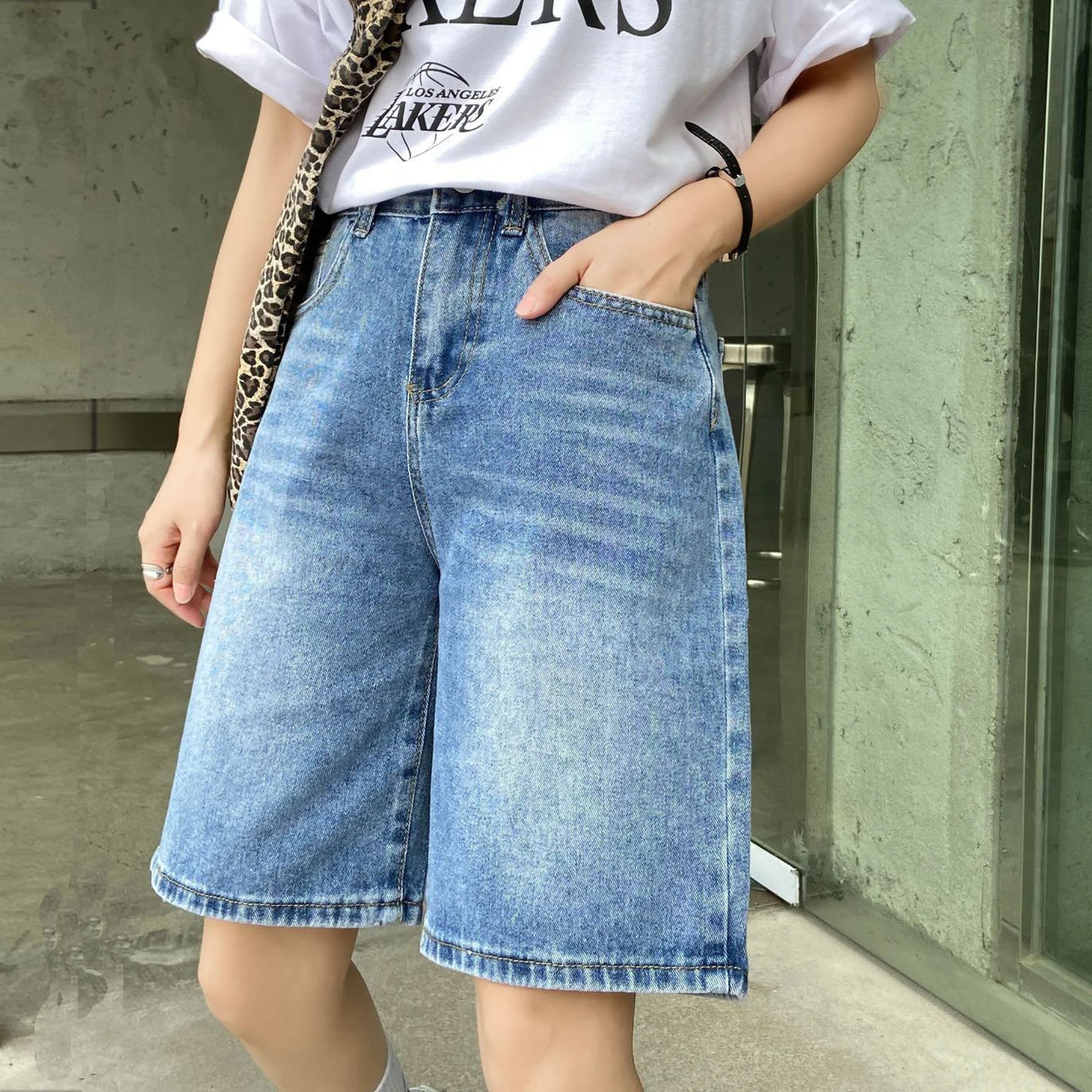 2023 New Summer Women Denim Shorts Women Harem Ruffled Blue High Waisted Shorts Female Elastic Jeans Shorts Casual Female Loose