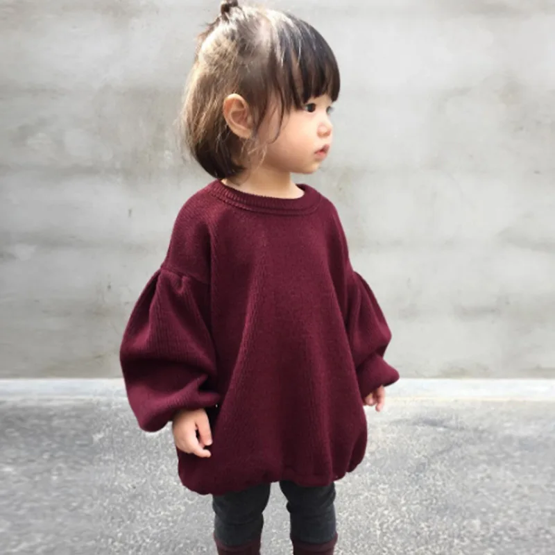 

Children's Clothes Spring Long Puff Sleeve Solid Color T-Shirt Cotton Tops Girls Black Sweatshirts Oversized Knit Sweater Shirts