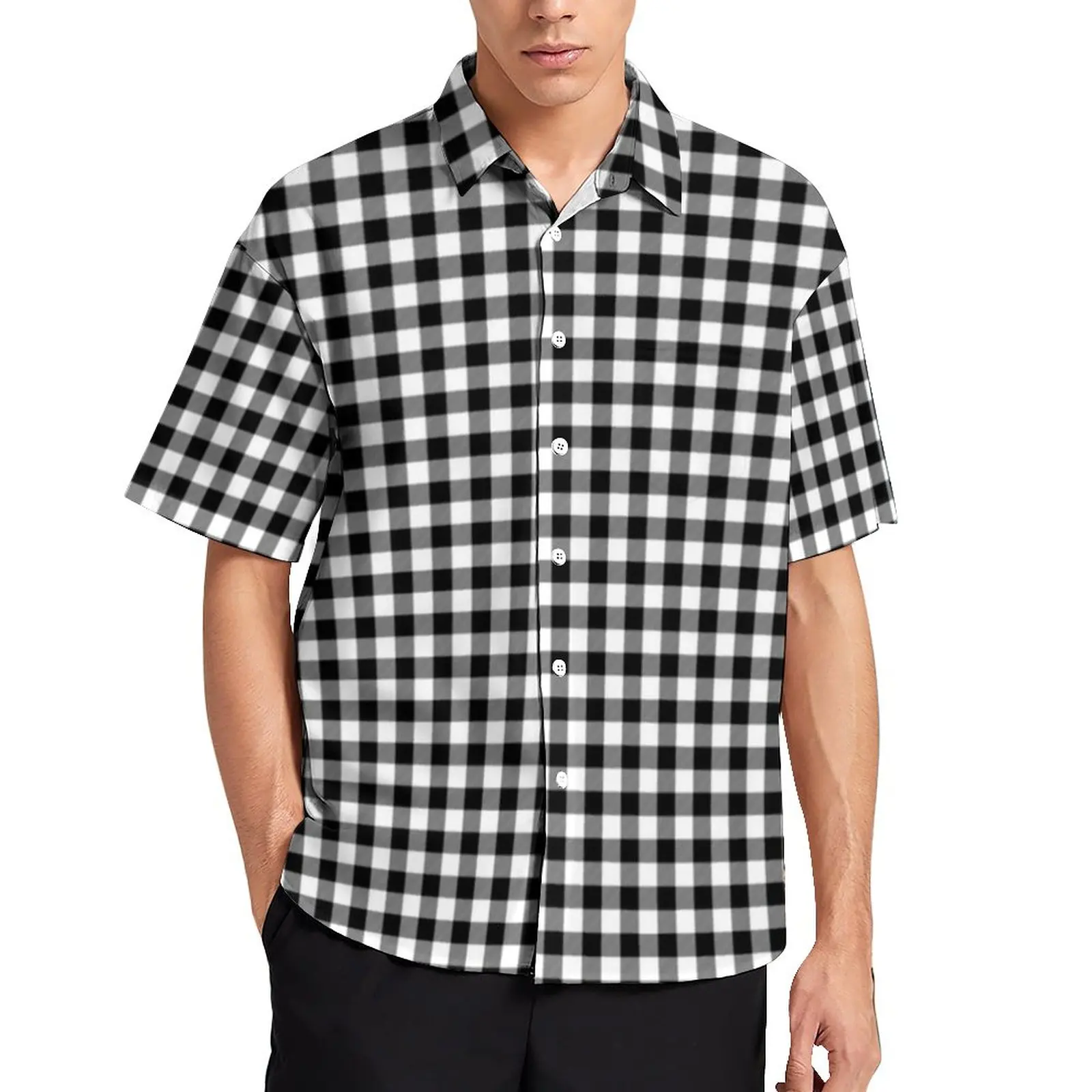

Рубашка в стиле ретро для отпуска в шахматную клетку, бело-черные Гавайские повседневные рубашки в клетку, мужские блузки Y2K, топы с графическим принтом и коротким рукавом
