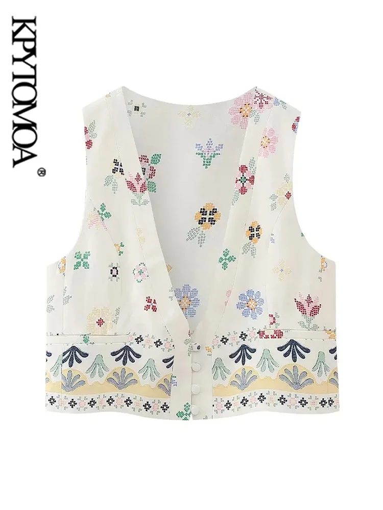 

KPYTOMOA Women Fashion Printed Linen Cropped Waistcoat Sexy Sleeveless V Neck Female Outerwear Chic Vest Tops
