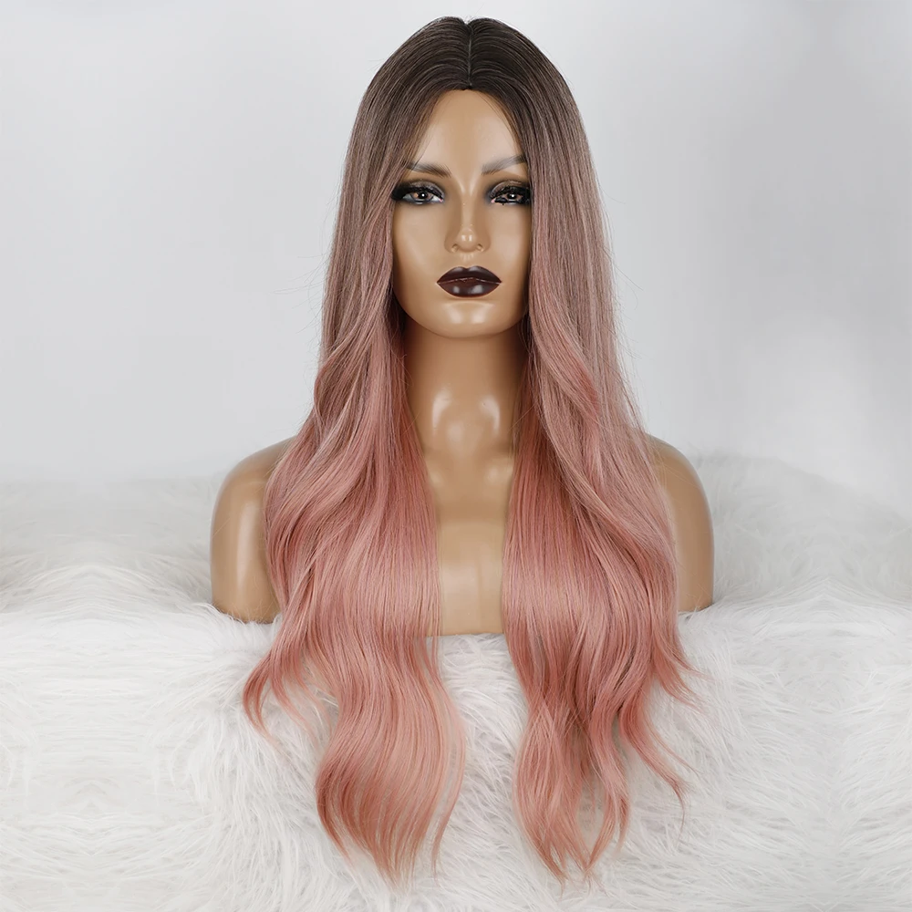 

AISI HAIR Synthetic Ombre Pink Black Root Wig Long Wavy Middle Part Wig Cosplay Party Natural Wigs for Women Heat Resistant Hair
