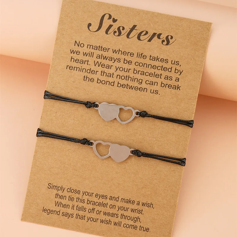 

TULX Matching Heart Sister Card Bracelet Stainless Steel Handmade Braided Rope Heart Shape Charm Bracelet Friendship Jewelry