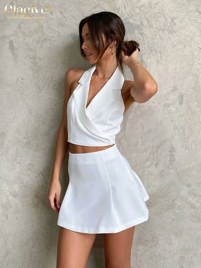 

Clacive Sexy Backless Crop Top Two Piece Sets Womens Outifits Summer High Wasited Skirts Set Elegant Slim White Suits With Skirt