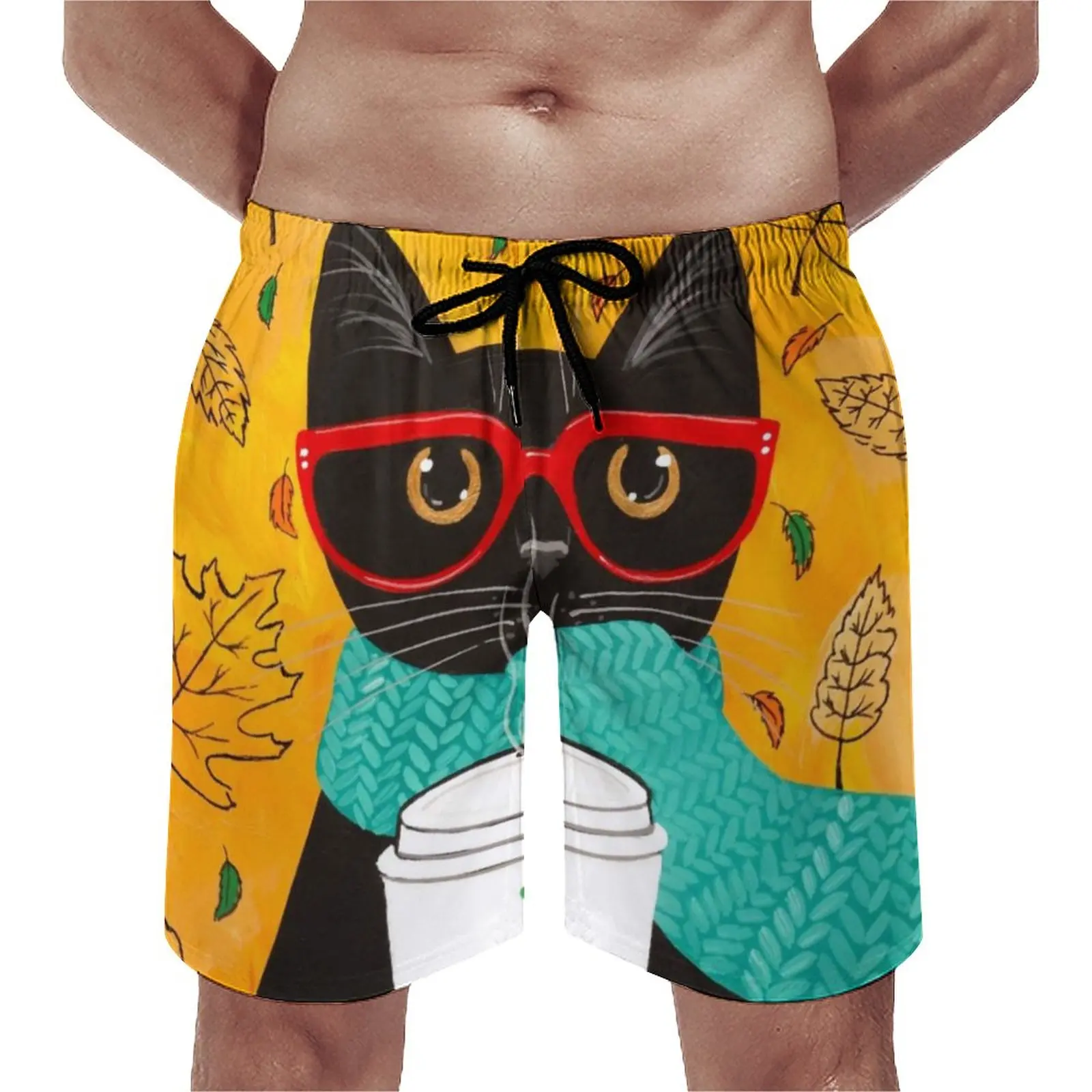 

Autumn Pumpkin Coffee Board Shorts Cat Classic Beach Short Pants Men Custom Large Size Swim Trunks Gift