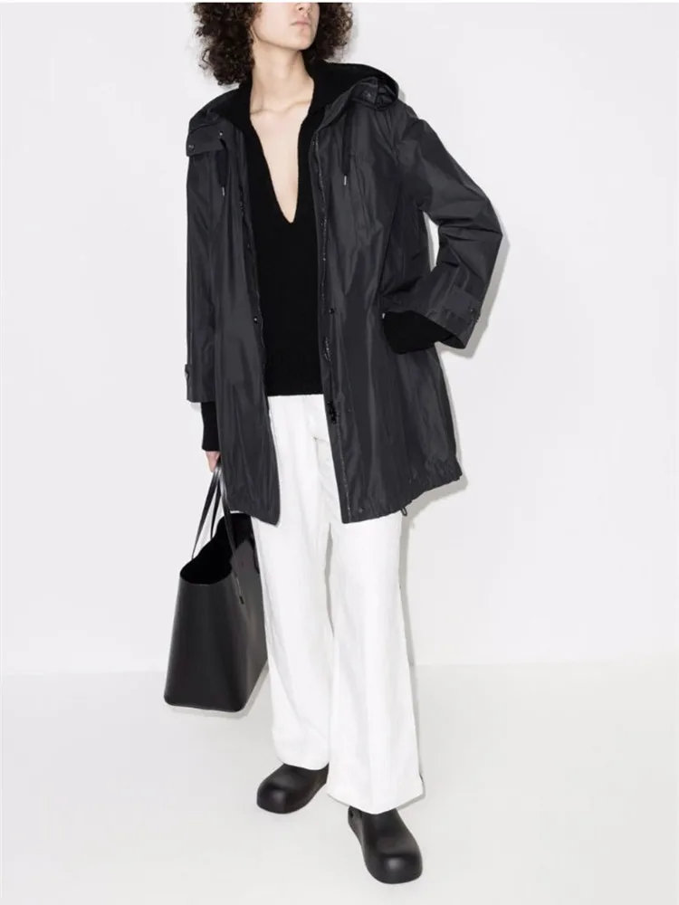 

Women Trench Coat Beaded Hooded Solid Zipper Fly Drawstring Straight Mid-Length Windbreaker Casual