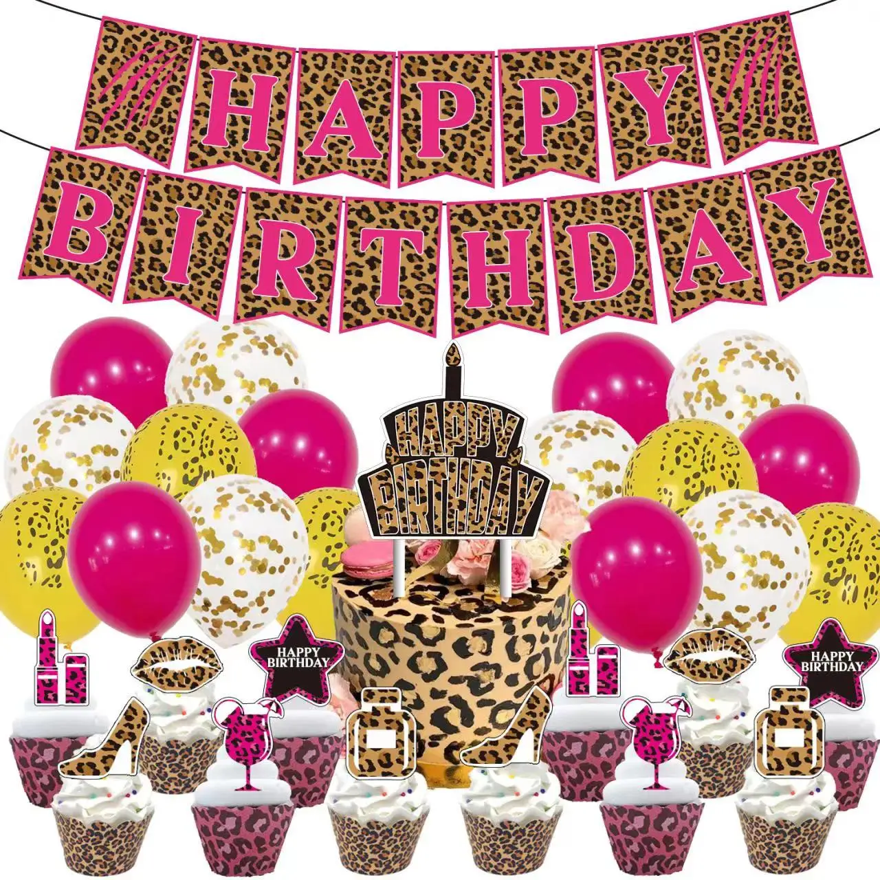 

Pink Leopard Print Theme Birthday Party Decor Paper Banners Cupcake Toppers Balloons Animals Birthday Party Favors For Kids