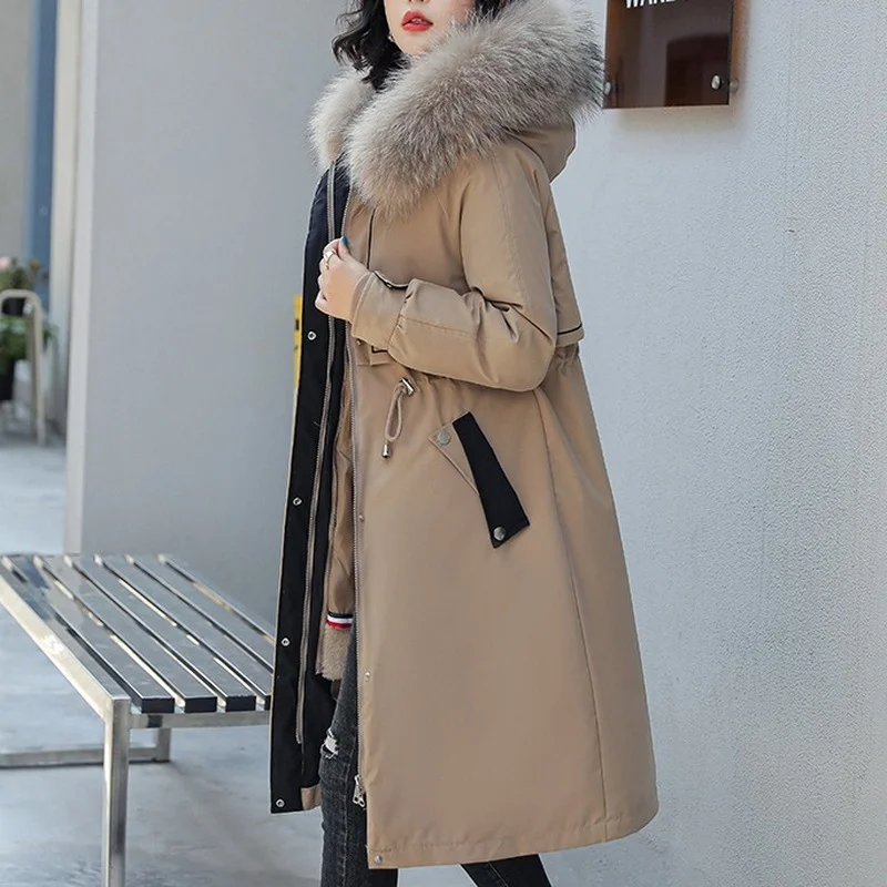 Winter Adjustable Waist Coats New Fur Collar Long Hooded Parkas Three Ways To Wear Women Detachable Wool Liner Thickened Jackets