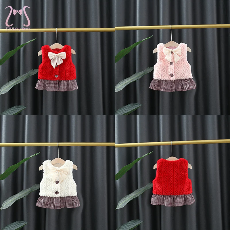 

Winter Bowknot Kids Vest Clothes Solid Color Baby Girl's Tops Children Overalls Toddler Costume 0 To 3 Years Infant Clothing