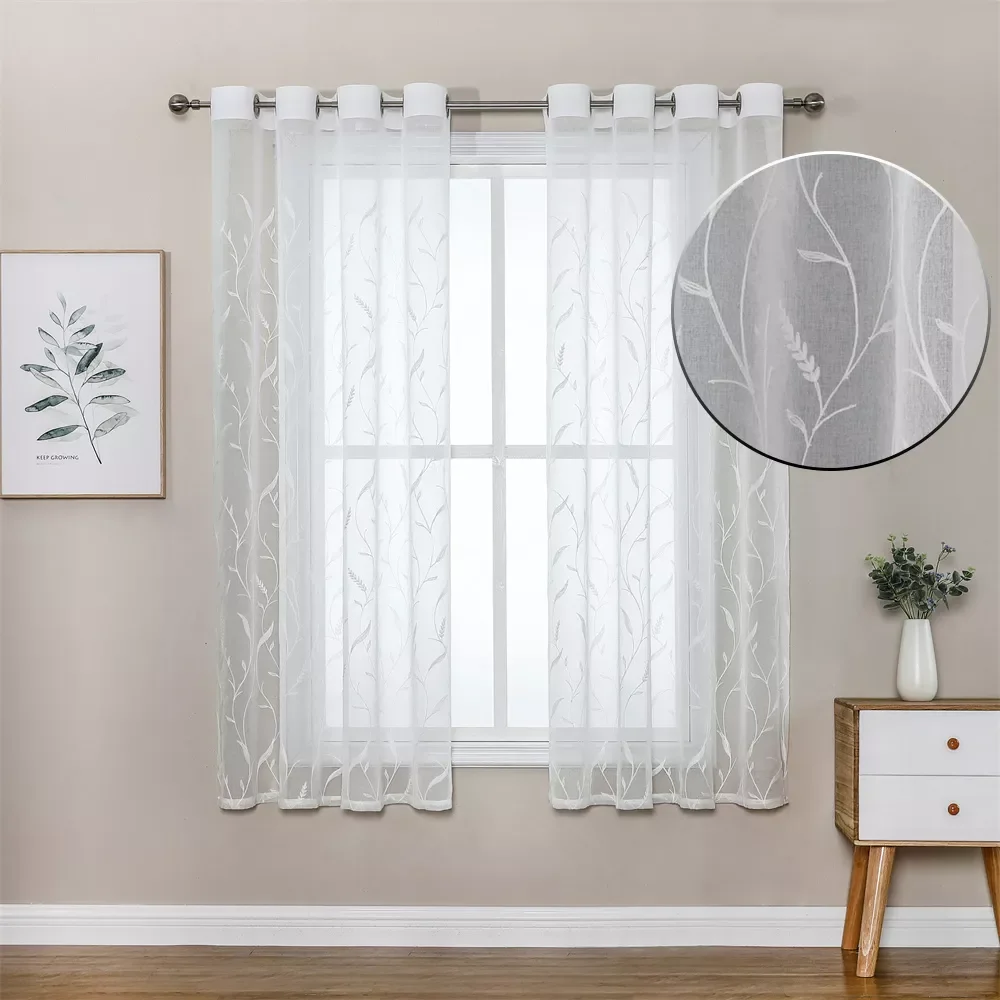 

Short Sheer Wheat Ear Embroidery Curtains for Living Room Kitchen Modern White Tulle Drapes Gauze Window Treatments