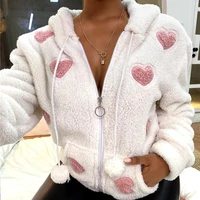 kawaii jacket y2k women long sleeve heart pattern zip hooded teddy coat casual sweet hairy fleece tops sweet pink hoddies white