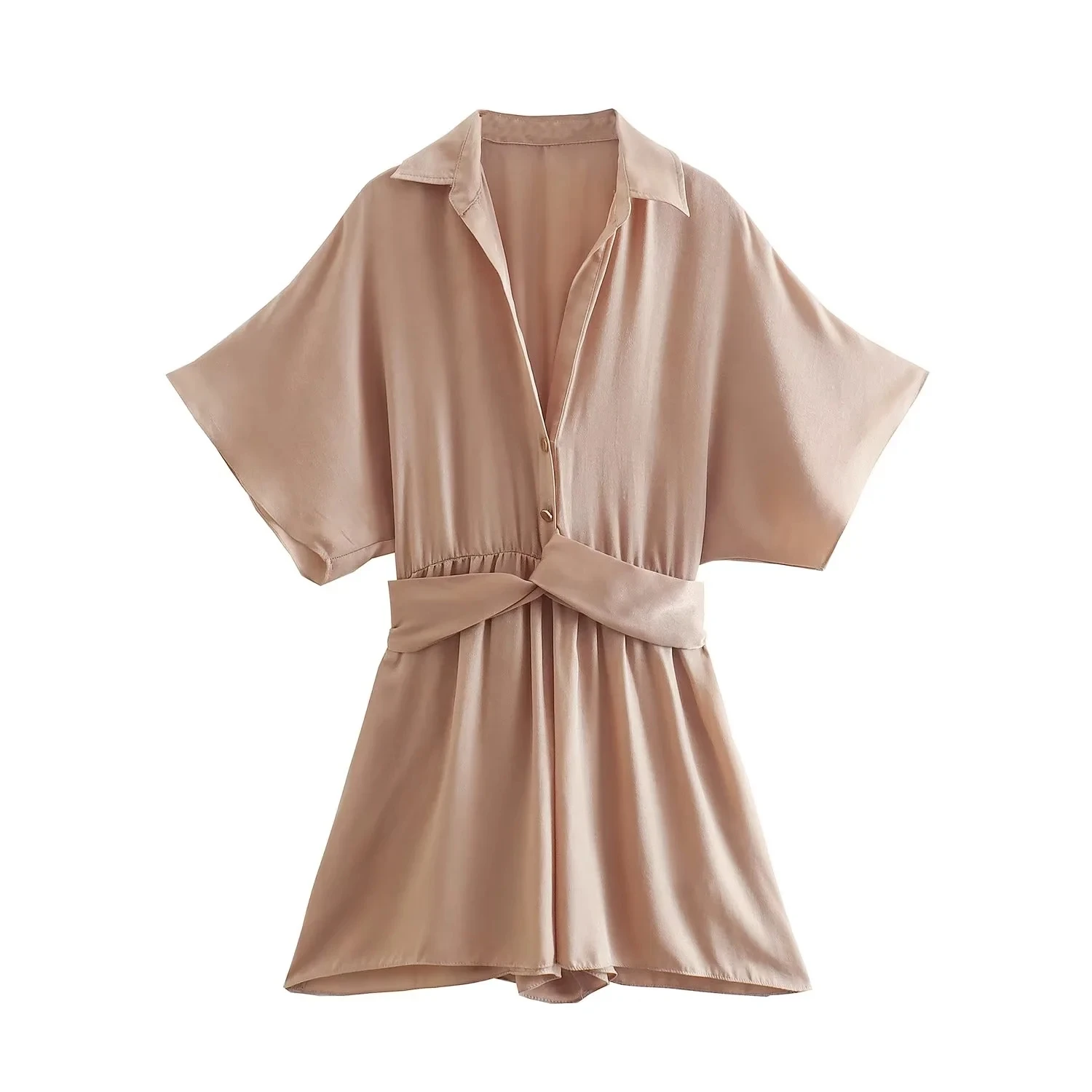 Dave&Di Champagne Silk Satin Sashes Loose Playsuits Women England Style Fashion PlaysuitsTops