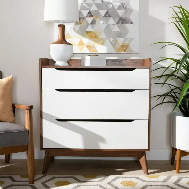 

Mid-Century Modern White and Walnut Wood 3-Drawer Storage Chest by Bellamy Studios