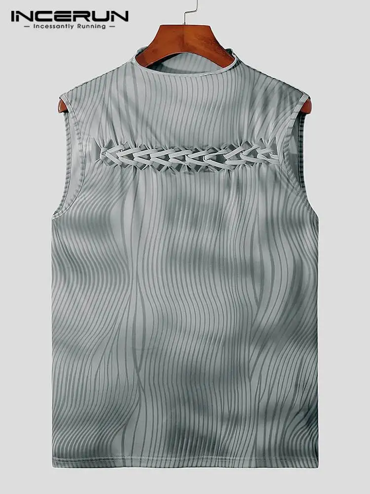 Stylish Men's Abstract Printing Wavy Waistcoat Casual Streetwear Male Print Sleeveless Striped Tank Tops S-5XL INCERUN Tops 2022