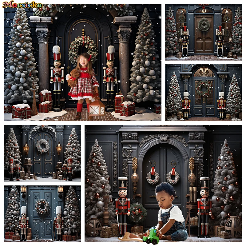

Winter Christmas Photography Background Xmas Tree Retro Grand Door Decoration Snow Guard Wreath Backdrop Props Studio Photozone
