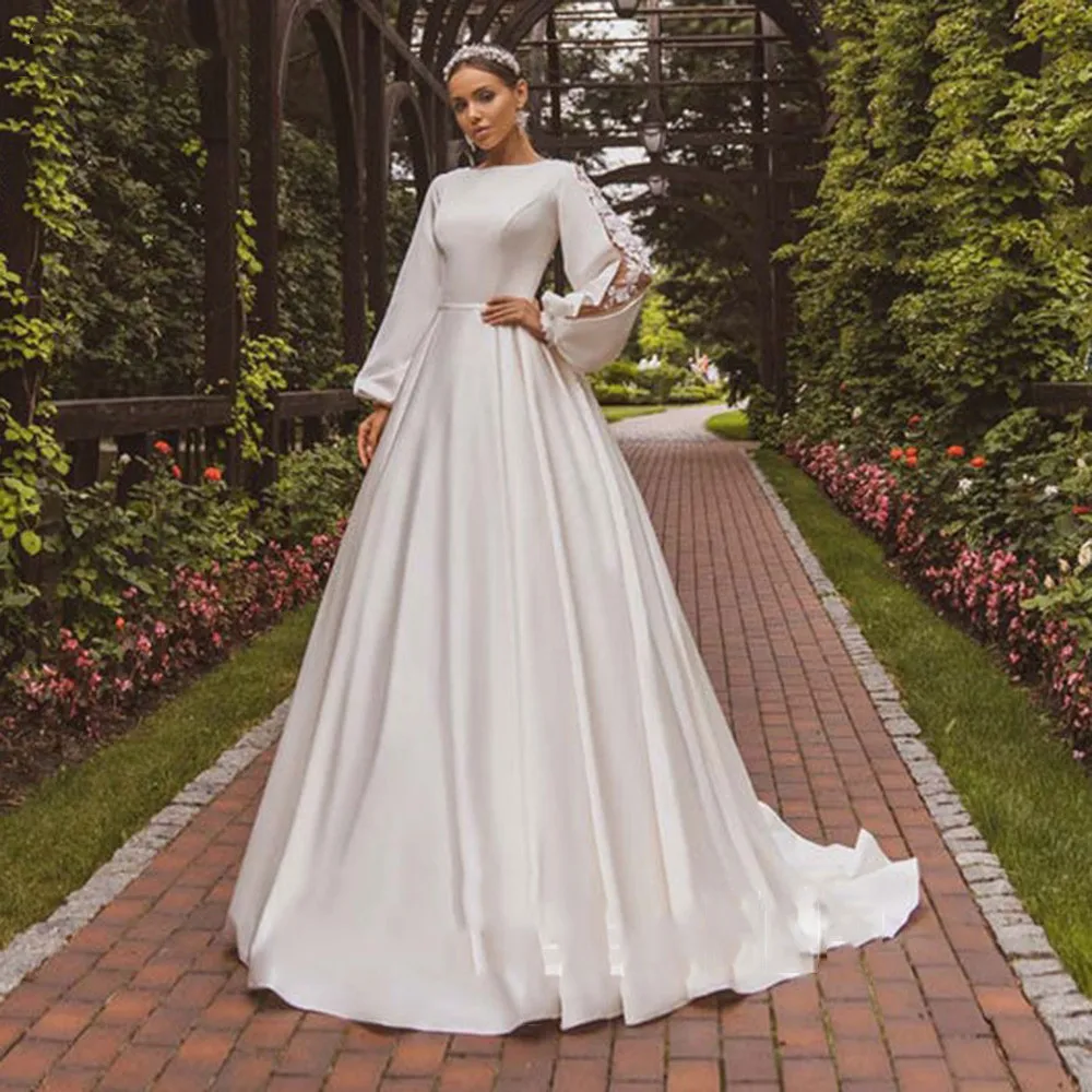 

A Line Satin Lace Wedding Dresses Boho Long Puff Sleeves Bride Dress Appliques Buttons Plus Size Princess Weddding Party Gowns