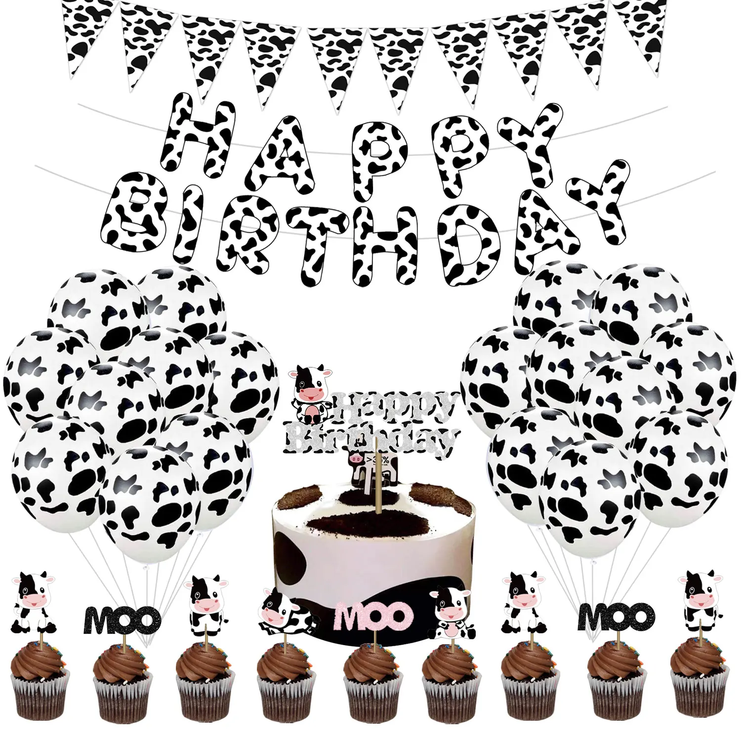 

Cow Themed Party Decor with Birthday Banner Cow Moo Cupcake Toppers Black White Printed Balloons Kids Birthday Party Supplies