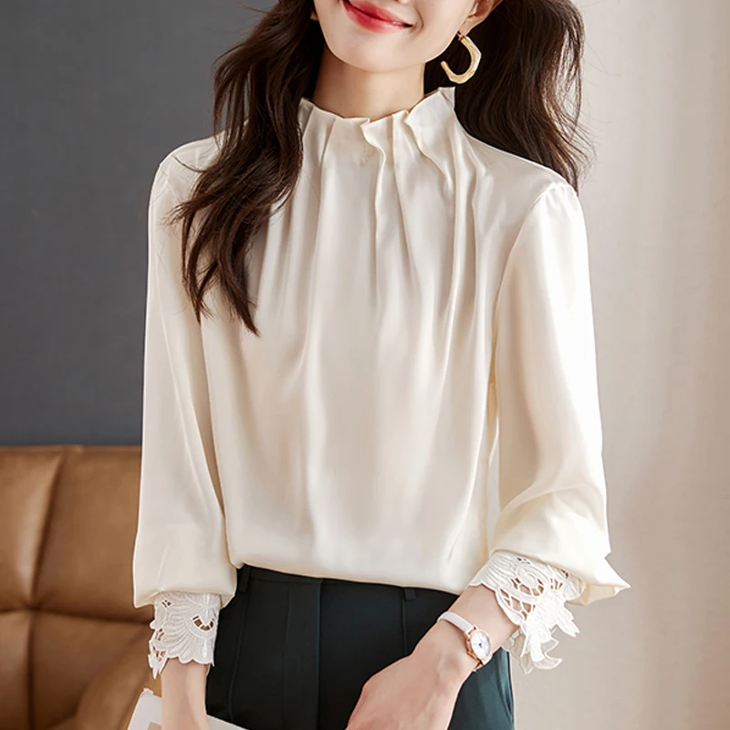 

Elegant Fashion Women Chiffon Shirt 2023 New Korean Hollow Out OL Top Long Sleeve Pullovers Blouse