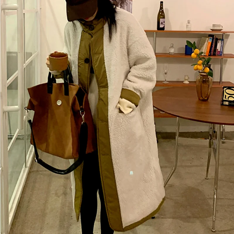 Women 2021 Winter New Lamb Velvet Jacket Thickened Parka Coat on Both Sides Wear Casual Long Single-breasted Cotton Jacket