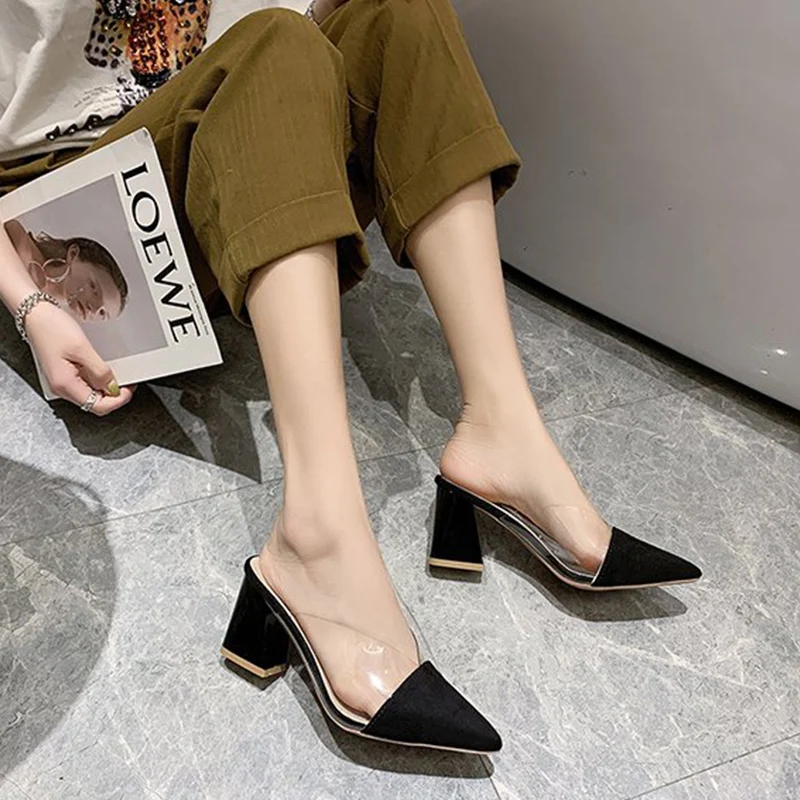 

Suede Pumps Summer Women Pointed High Heels Muller Square Heel Slippers Women Slip-On Shallow Ladies Shoes Chaussures Femme 2022