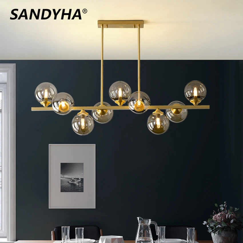 

SANDYHA All Copper Gold Chandelier Glass Ball Led Pendant Lamp for Living Dining Room Indoor Home Decor Fixtures Hanging Light