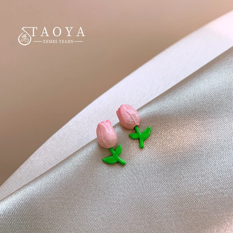

2022 New Sweet Pink Tulip Flower Shape Earrings French Romantic Jewelry Party Girl's Elegant Accessories For Woman's Earrings