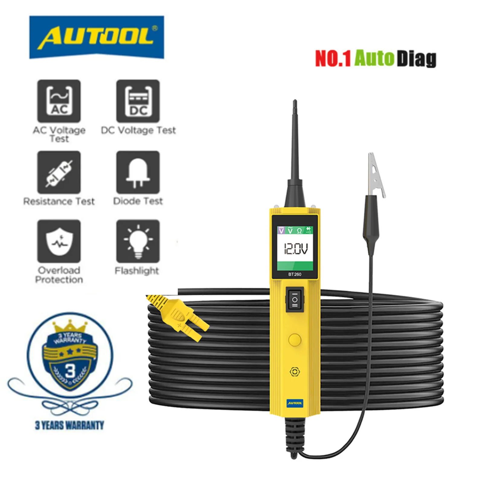 AUTOOL BT260 Car Electrical Circuit Tester Power Probe Automotive Scanner Auto LED Display Voltage Digital Diagnostic Tool pb100