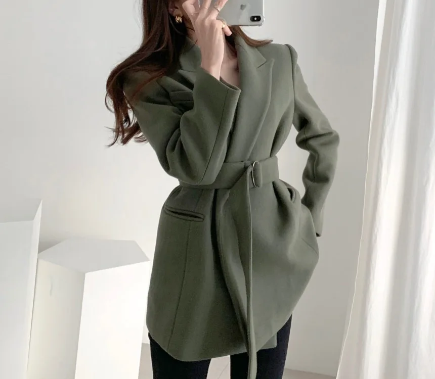 

Женский шерстяной Блейзер с поясом, элегантное пальто с длинным рукавом и английским воротником, теплая Длинная шерстяная верхняя одежда, зима 2023