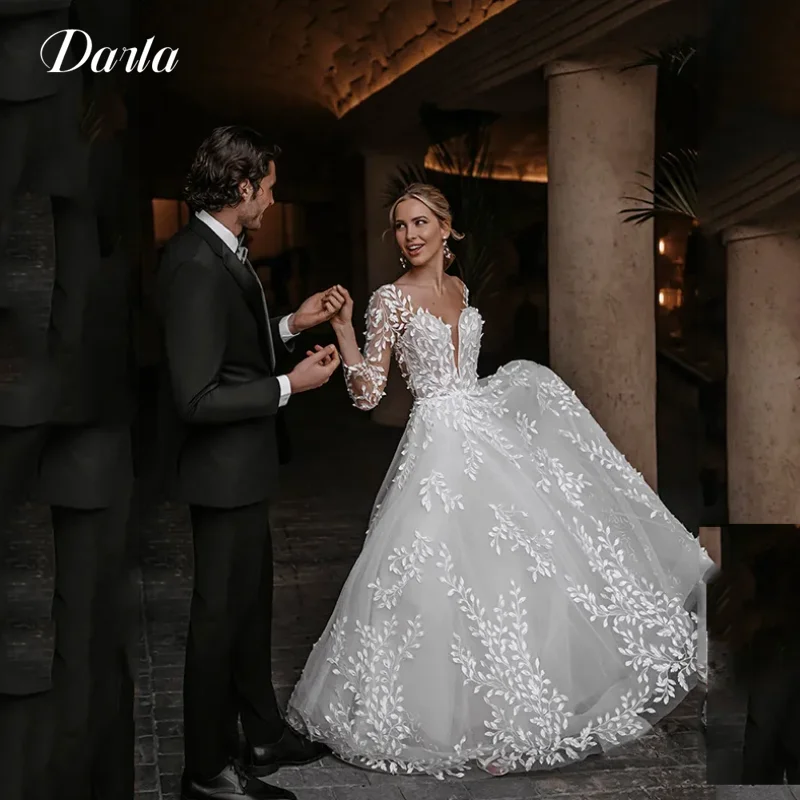 

Современное кружевное свадебное платье для женщин 2024, платье с V-образным вырезом, длинными рукавами, открытой спиной и пуговицами для невесты, атласное платье 2 в 1