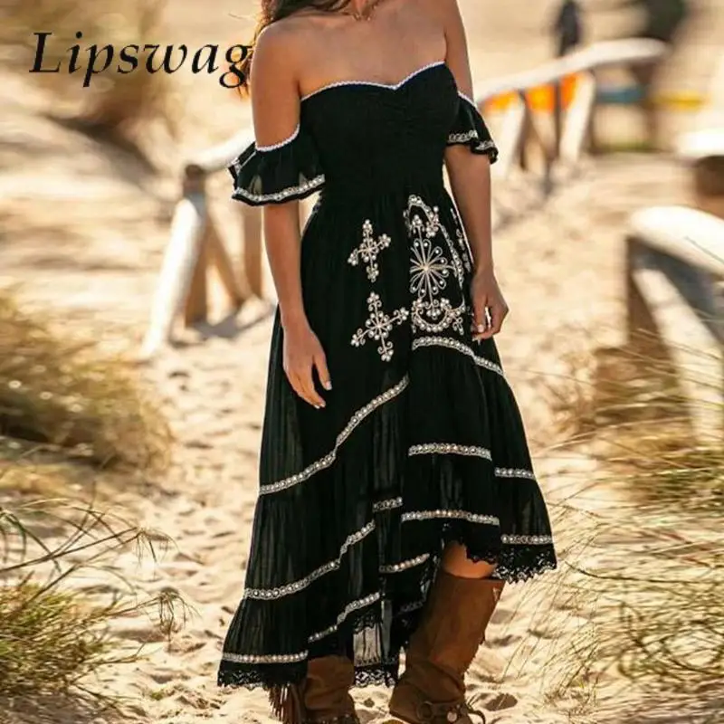 

Женское длинное платье без бретелек, свободное винтажное платье с оборками, элегантное лоскутное кружевное платье с модным принтом и открытыми плечами