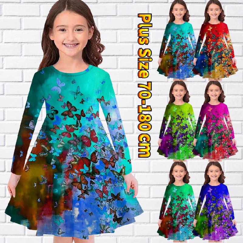 

Повседневная Уличная Милая юбка для маленьких девочек, Весенняя Юбка До Колена с круглым вырезом и принтом бабочек, осенняя юбка с длинным рукавом