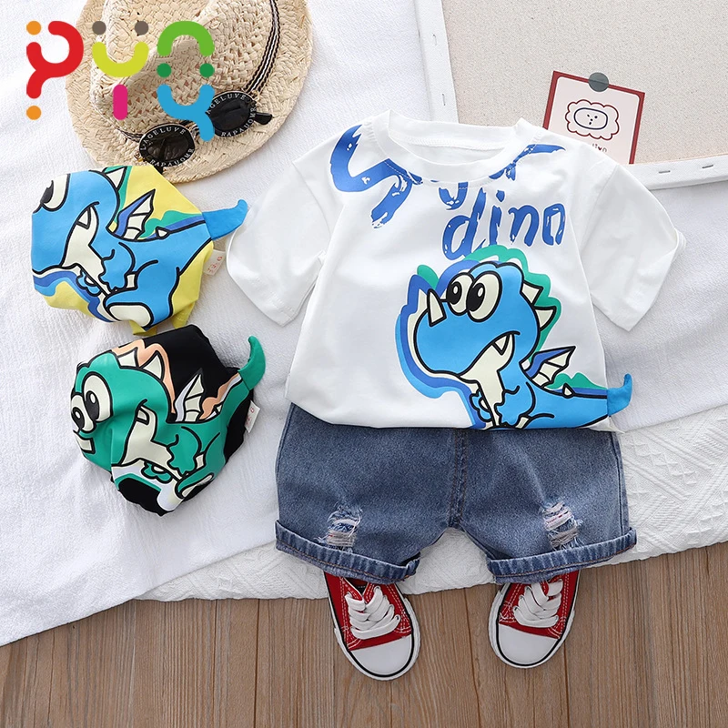 PYQ Baby Boys Clothes 2023 New Summer Kids Cartoons Dinosaur T-shirt+Denim Shorts Outfits For Baby Short Sleeve Sets 0-4 Years